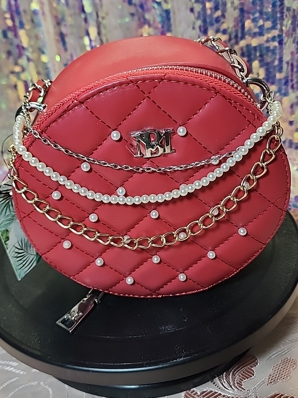 Badgley Mischka Red Quilted Vegan Leather Round Crossbody Bag NWT